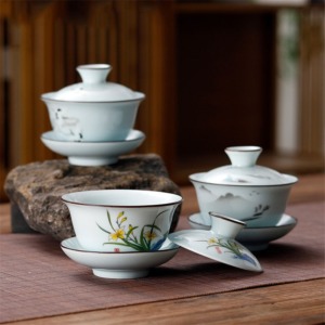 120ml Pastoral Style Gai Wan White Porcelain Dehua Tea Bowl With Saucer Kung Fu Tea's Cover Bowl