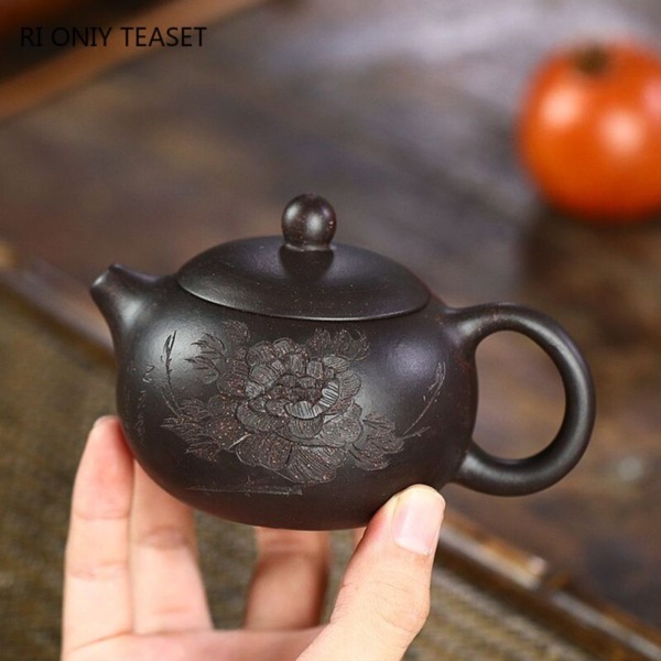 150ml Yixing Zisha Hand-Carved Peony Pattern Xishi Style Tea Pot