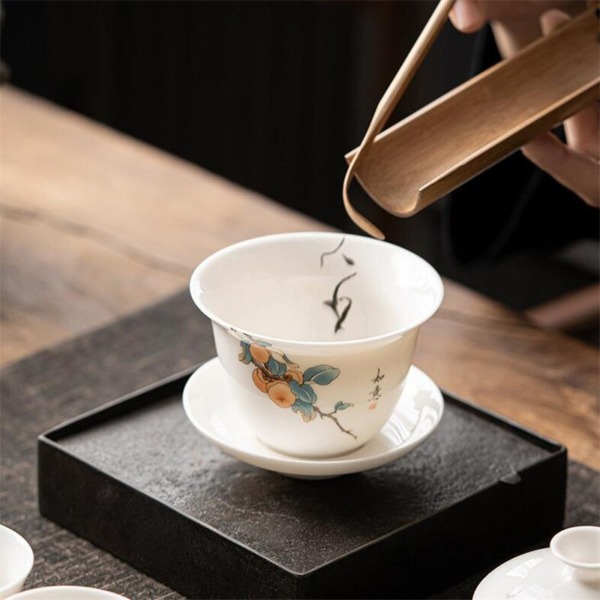 180ML Dehua White China Gai Wan Porcelain Tureen With Cup Saucer Handpainted Tea Cover Bowl