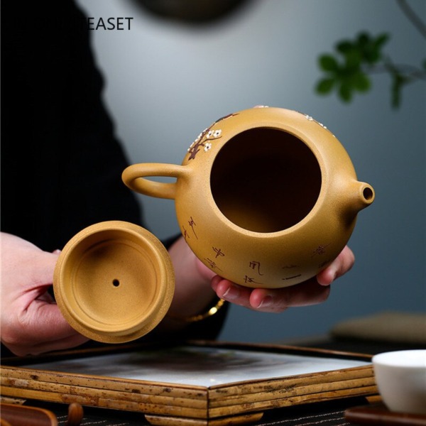 380ml Handmade Zisha (Purple Clay) Teapot Hand Carved Flowers and Birds Pattern Xishi Tea Po