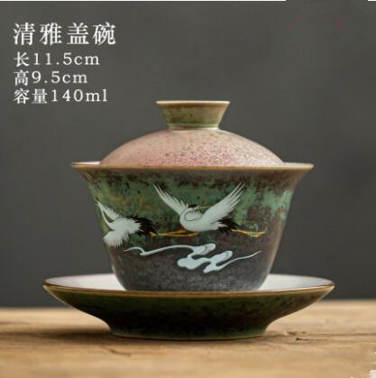 Anti-Scald Large Ceramic Retro Tea Cover Bowl Sancai  Style Hand Painted Shining Crane Gaiwan