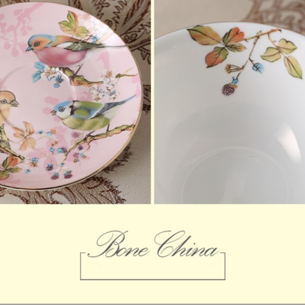 Bone China Bird Pattern Phnom Penh Ceramic Tea Cup & Saucer With Spoon