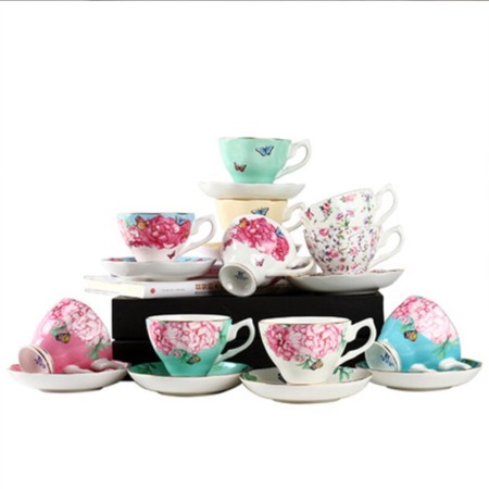 Bone China Ceramic Tea Cup & Sacuers Set Porcelain Flower Pattern Teacup