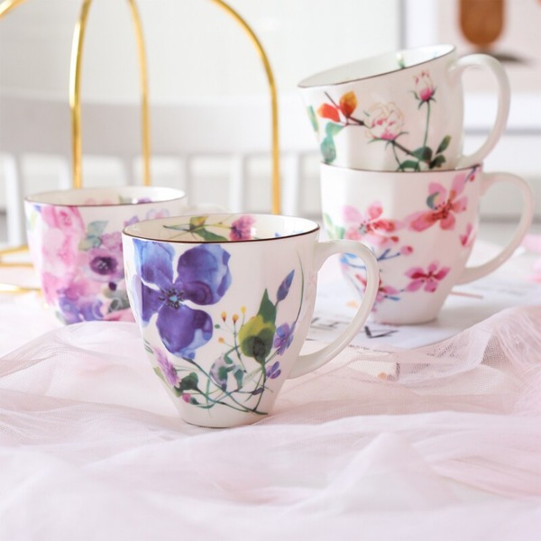 Bone China Country Style Home & Office Mug Porcelain Elegant Flower Pattern Tea Cup 330ml Capacity