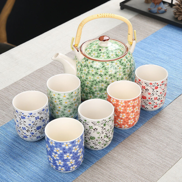 Chinese Style Pot & 6 Cups Ceramic Tea Set  Porcelain Gift GungFu Floral Pattern Teaware