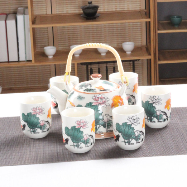 Chinese Style Pot & 6 Cups Ceramic Tea Set  Porcelain Gift GungFu Floral Pattern Teaware