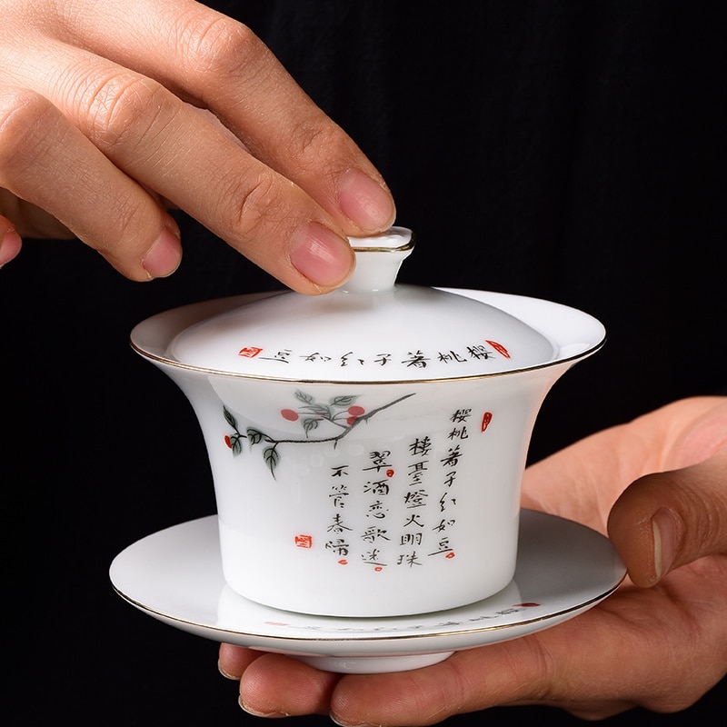 Dehua 125ml White Porcelain Jade Mud Sancai Gaiwan Handmade Kung Fu Tea Cover Bowl for Tea Ceremony