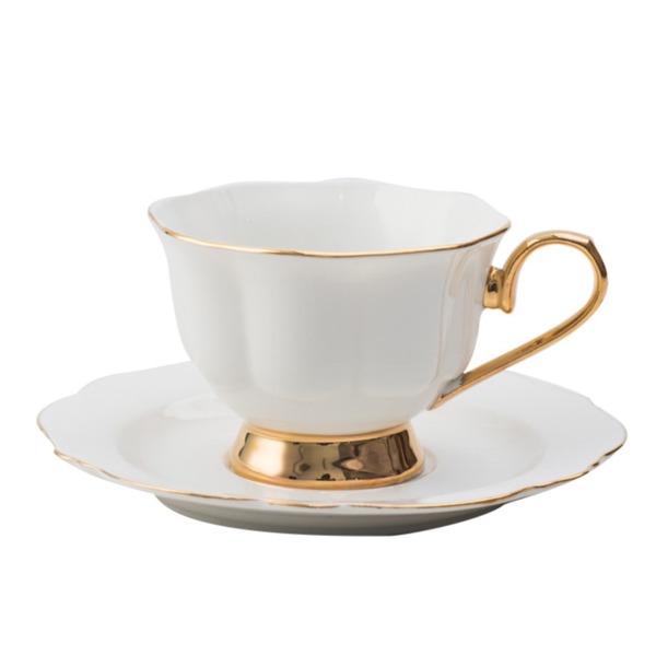 Golden Handle Tea Cup & Saucer With Spoon Simple Gold Rim Porcelain Teacup
