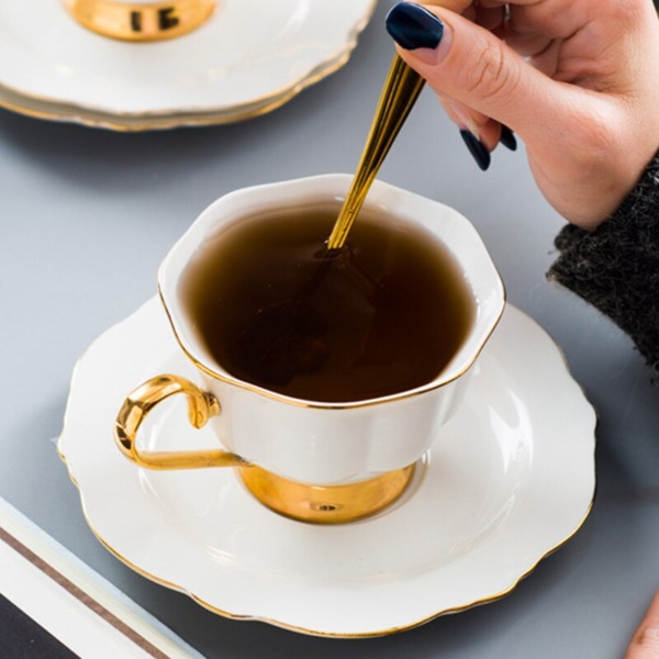 Golden Handle Tea Cup & Saucer With Spoon Simple Gold Rim Porcelain Teacup