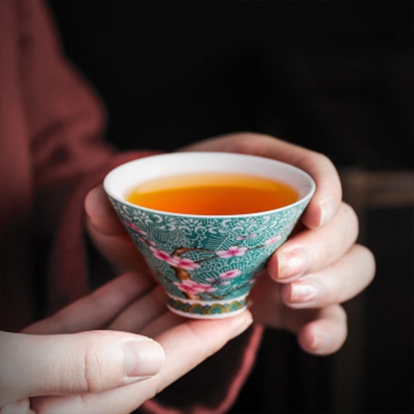 Jingdezhen 6 Cups Set Ceramic Mini Tea Bowl Hand Drawn Peach Flower Pattern Tea Cups for Tea Ceremony
