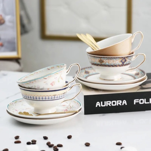 Luxury Tea & Coffee Cup with Saucer Set Gold Rim Ceramic Tea Bowl