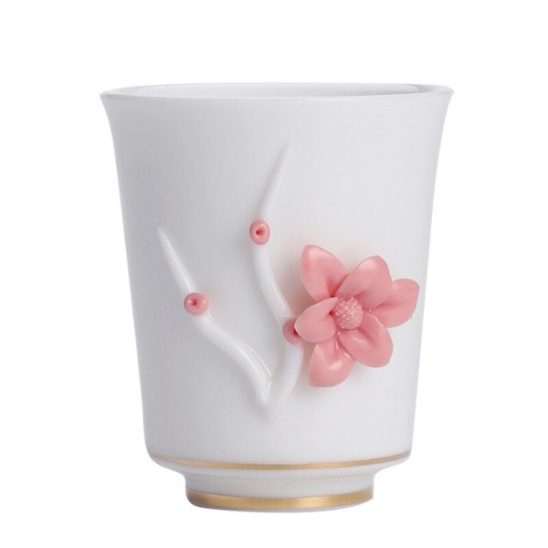 Pink Hand Pinch Flower Tea Cups White Porcelain  Mutton Fat Jade Elegant Women's Teacups