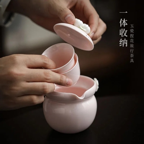Pink Hand pinching Flower Gai Wan & Cups Travel Tea Set for Kung Fu Tea