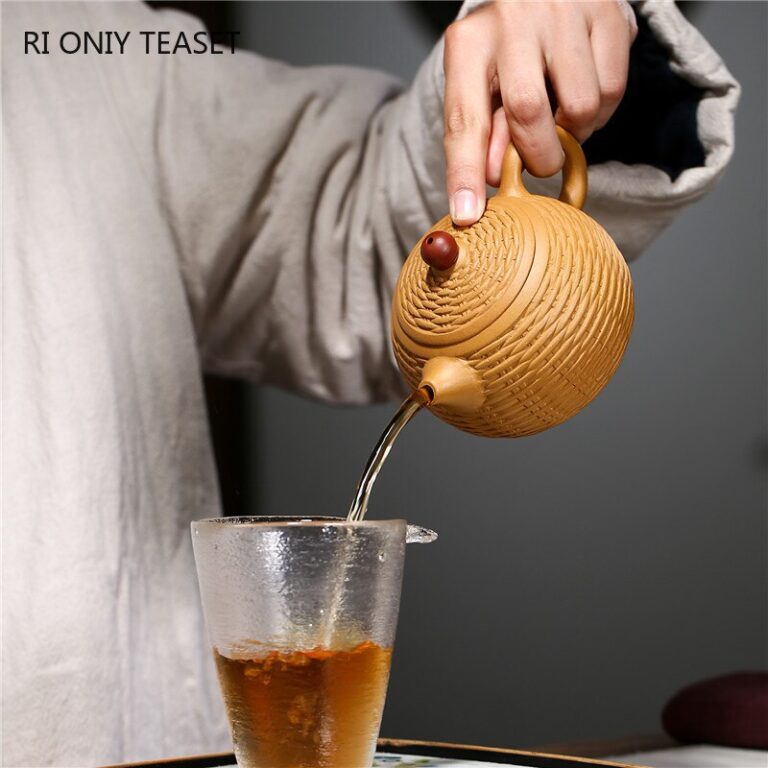 Raw ore Gold Section Mud Zisha 280ml Teapot Handmade Bamboo Braided Style Tea Pot