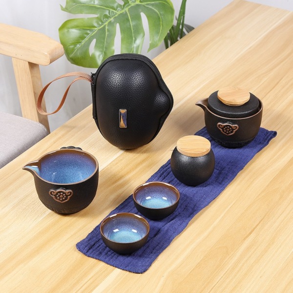 Travel Teapot & 5 Teacups Travel Ceramic Portable Teaset Gaiwan & Cups Set