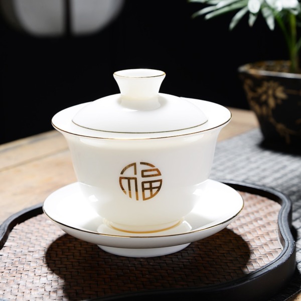 Dehua White Porcelain Sancai Gai Wan  Suet Jade Ceramic Tea Cover Bowl